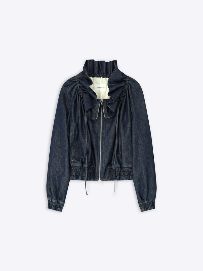 Dark denim jacket with ruffled details on a white background