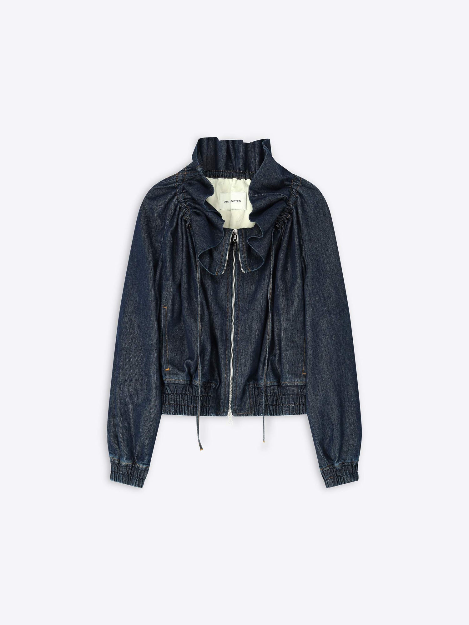 Dark denim jacket with ruffled details on a white background - Dries Van Noten