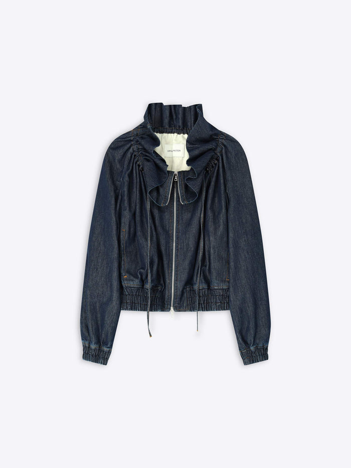 Dark denim jacket with ruffled details on a white background