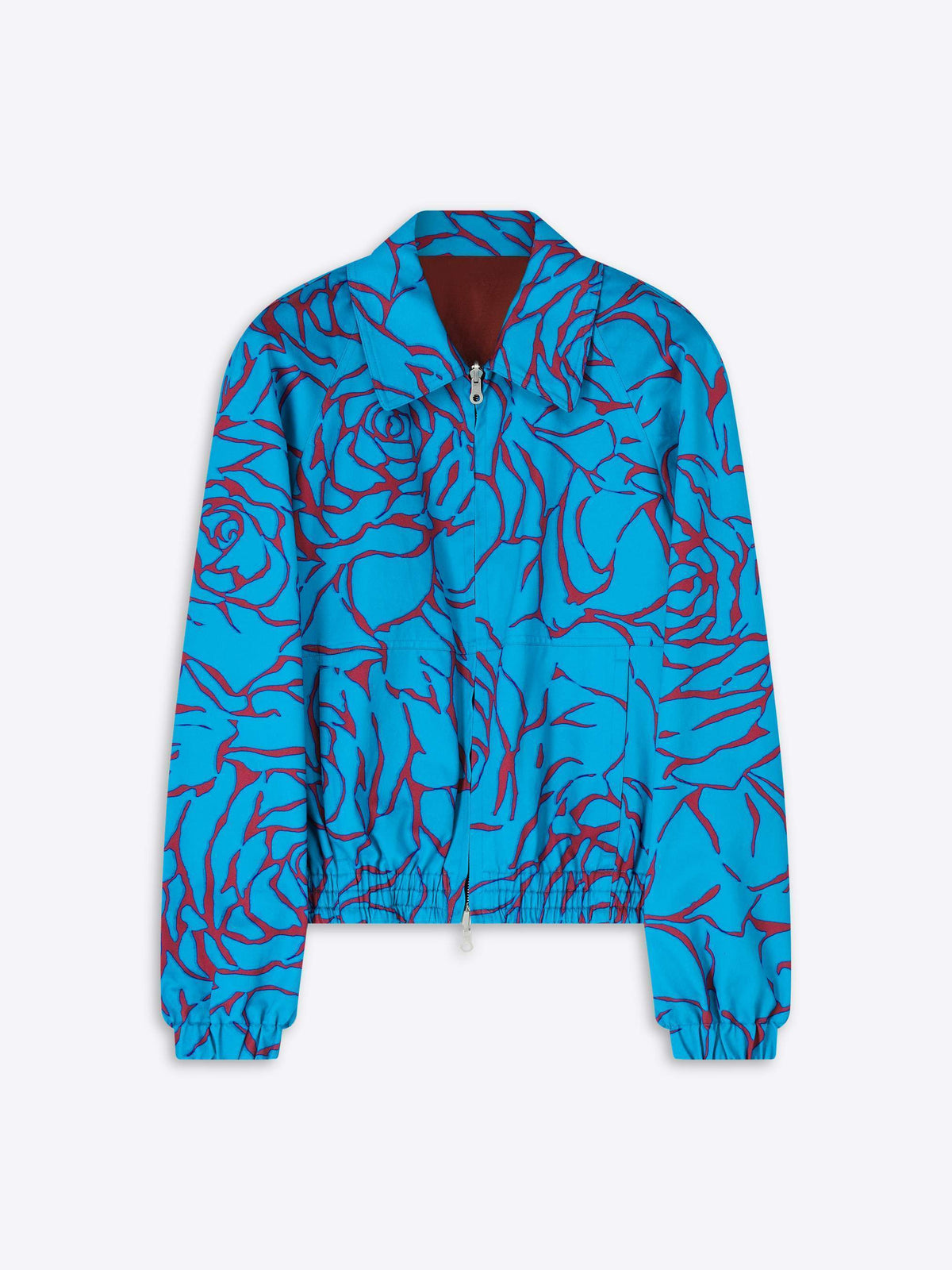 Blue jacket with red floral pattern on a white background