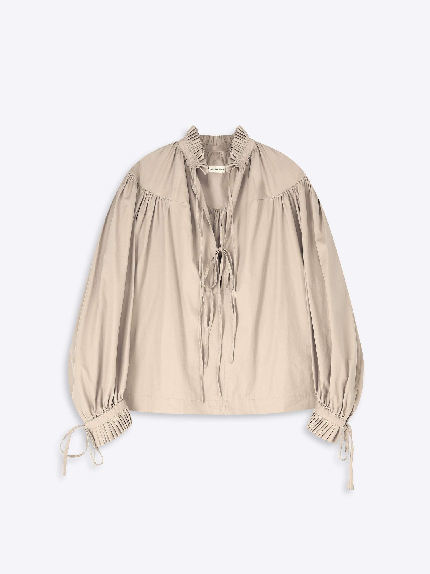 Beige blouse with long sleeves and tie details on a white background - Dries Van Noten