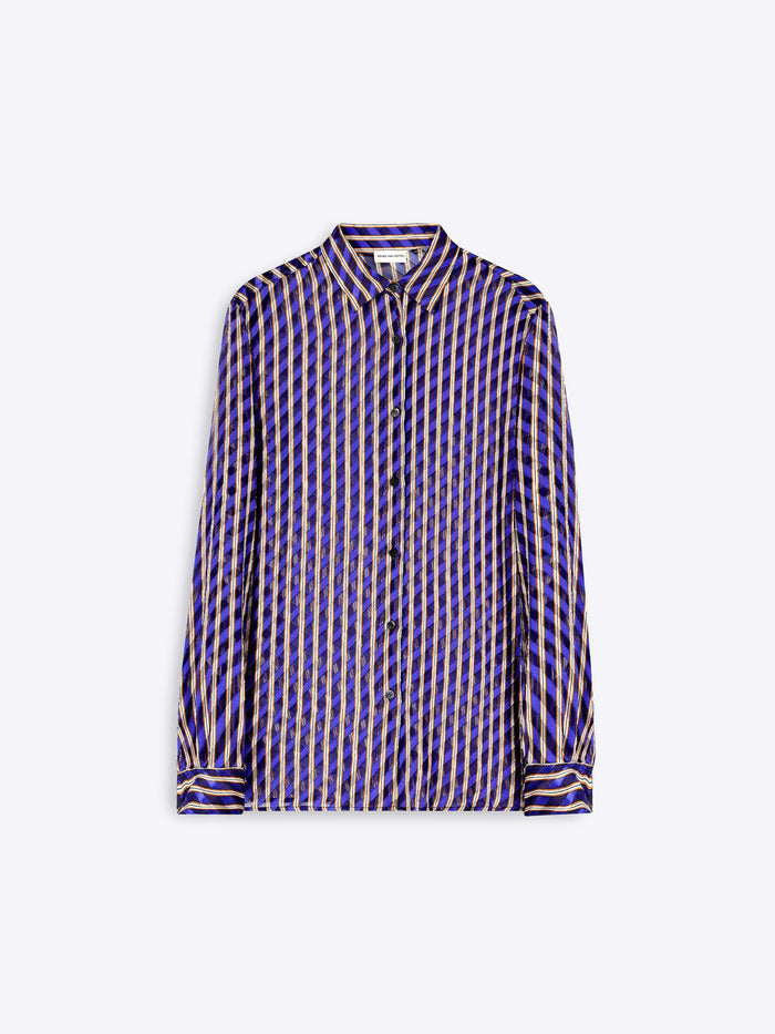 Long-sleeve shirt with a blue and purple striped pattern on a white background