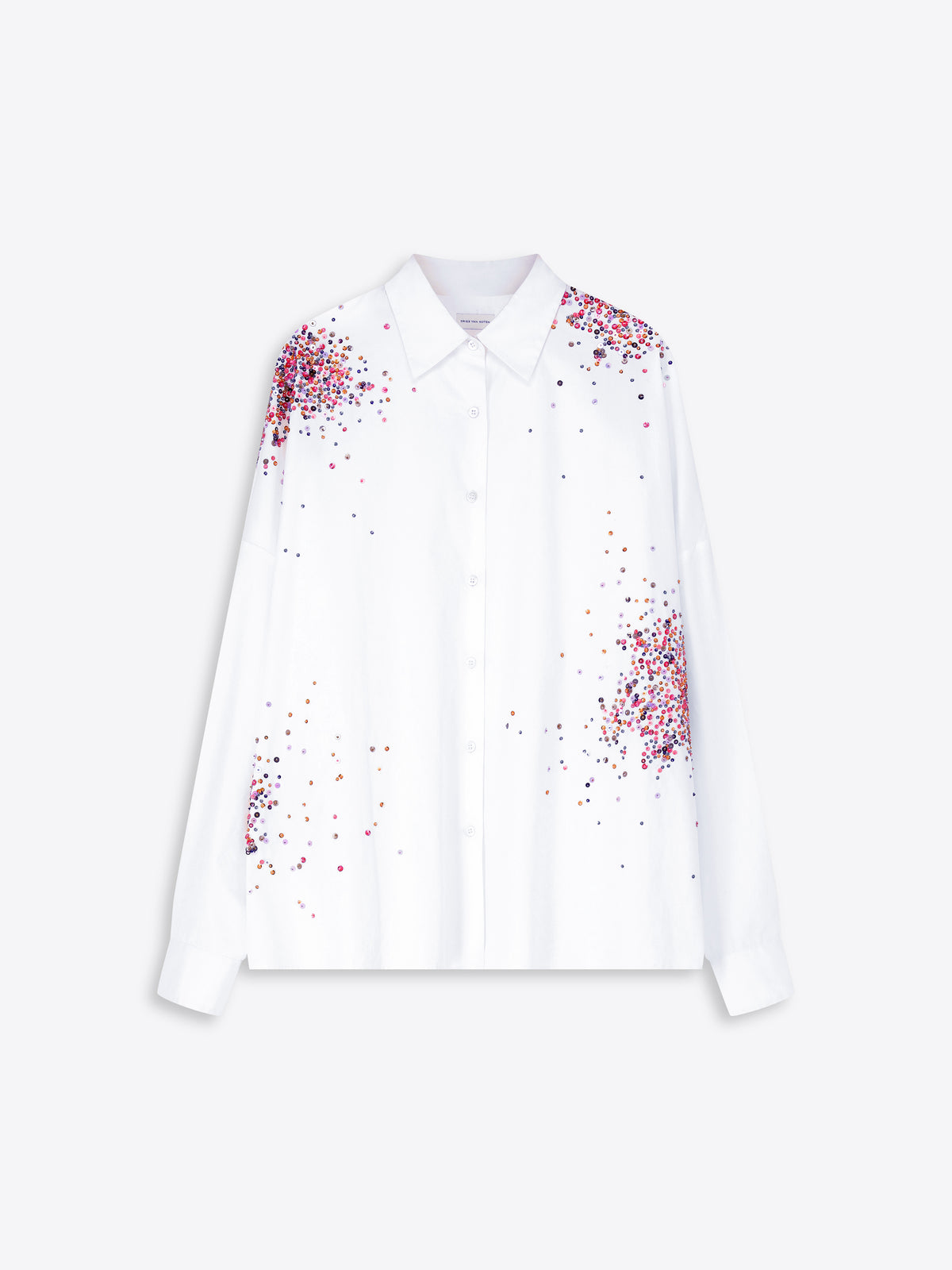 White shirt with pink floral patterns on a white background
