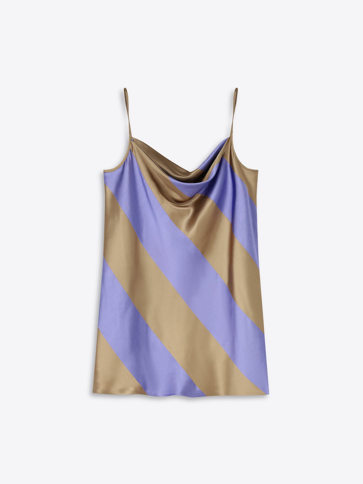 Striped satin camisole with purple and gold diagonal pattern on a white background