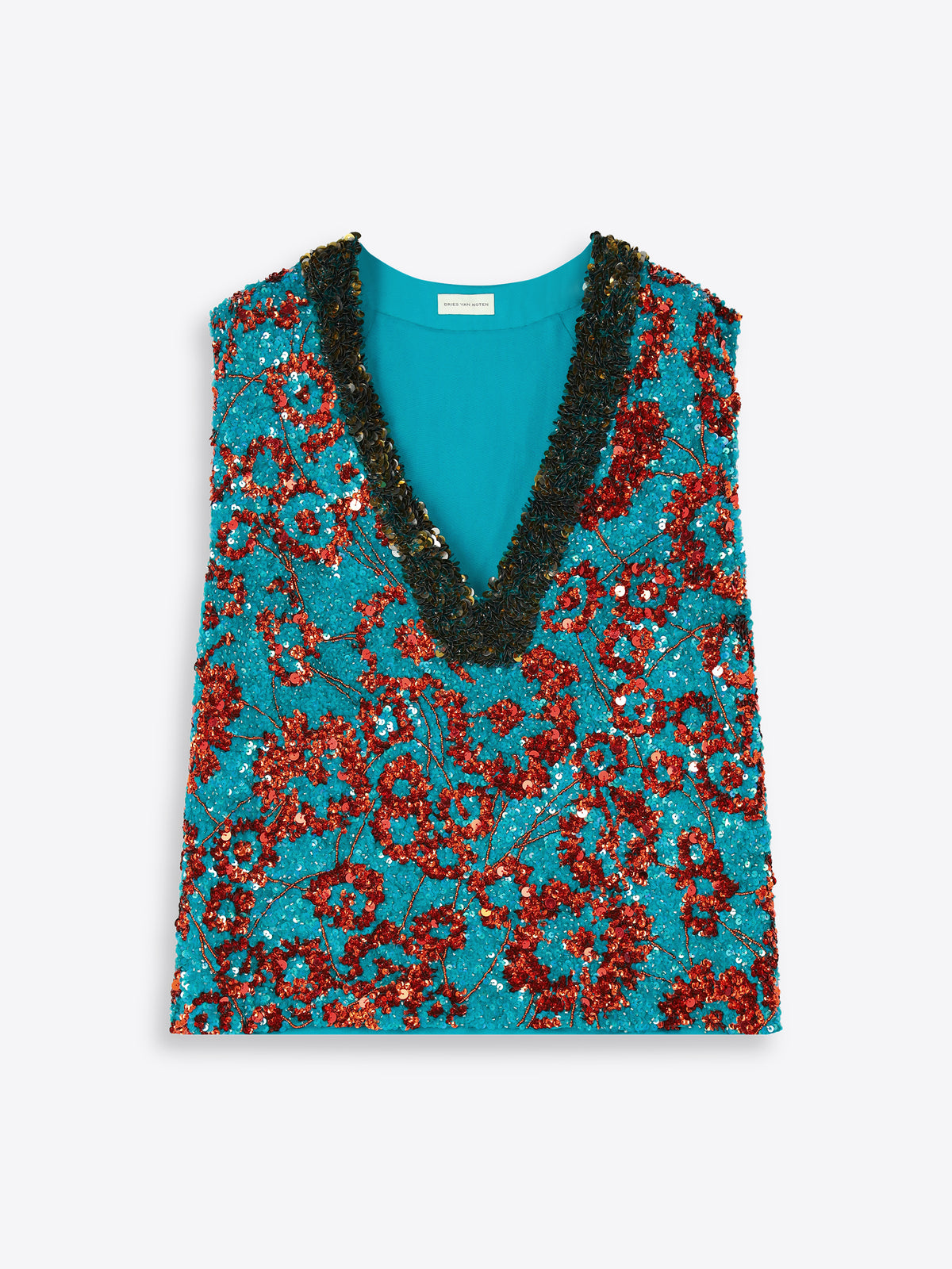 Turquoise top with red sequin vest on a white background