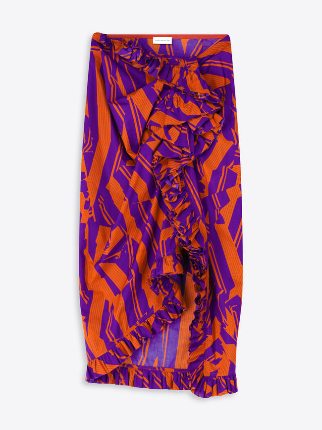 Purple and orange patterned skirt on a white background