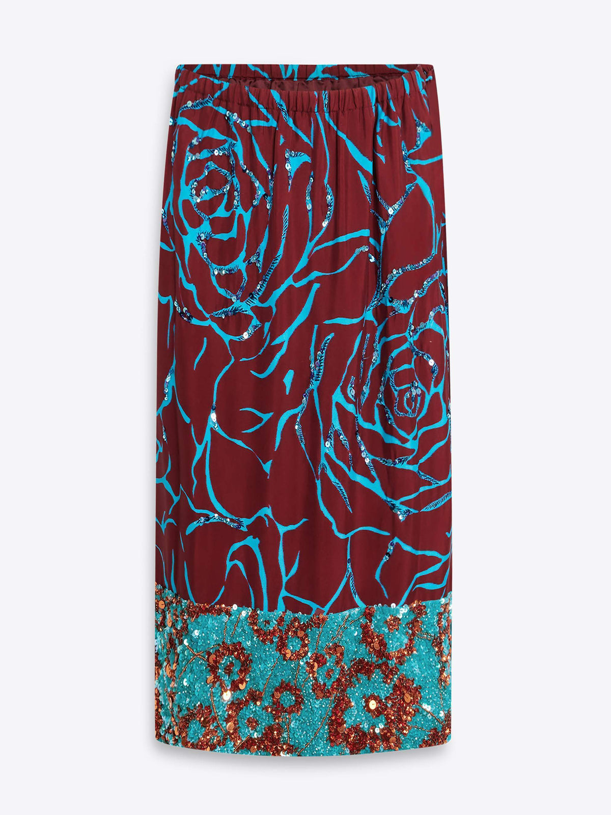 Skirt with blue floral pattern and red glittery hem on a white background - Dries Van Noten
