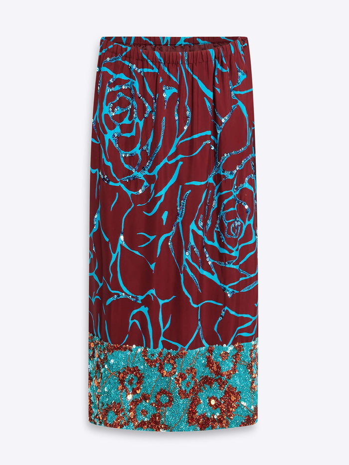 Skirt with blue floral pattern and red glittery hem on a white background - Dries Van Noten