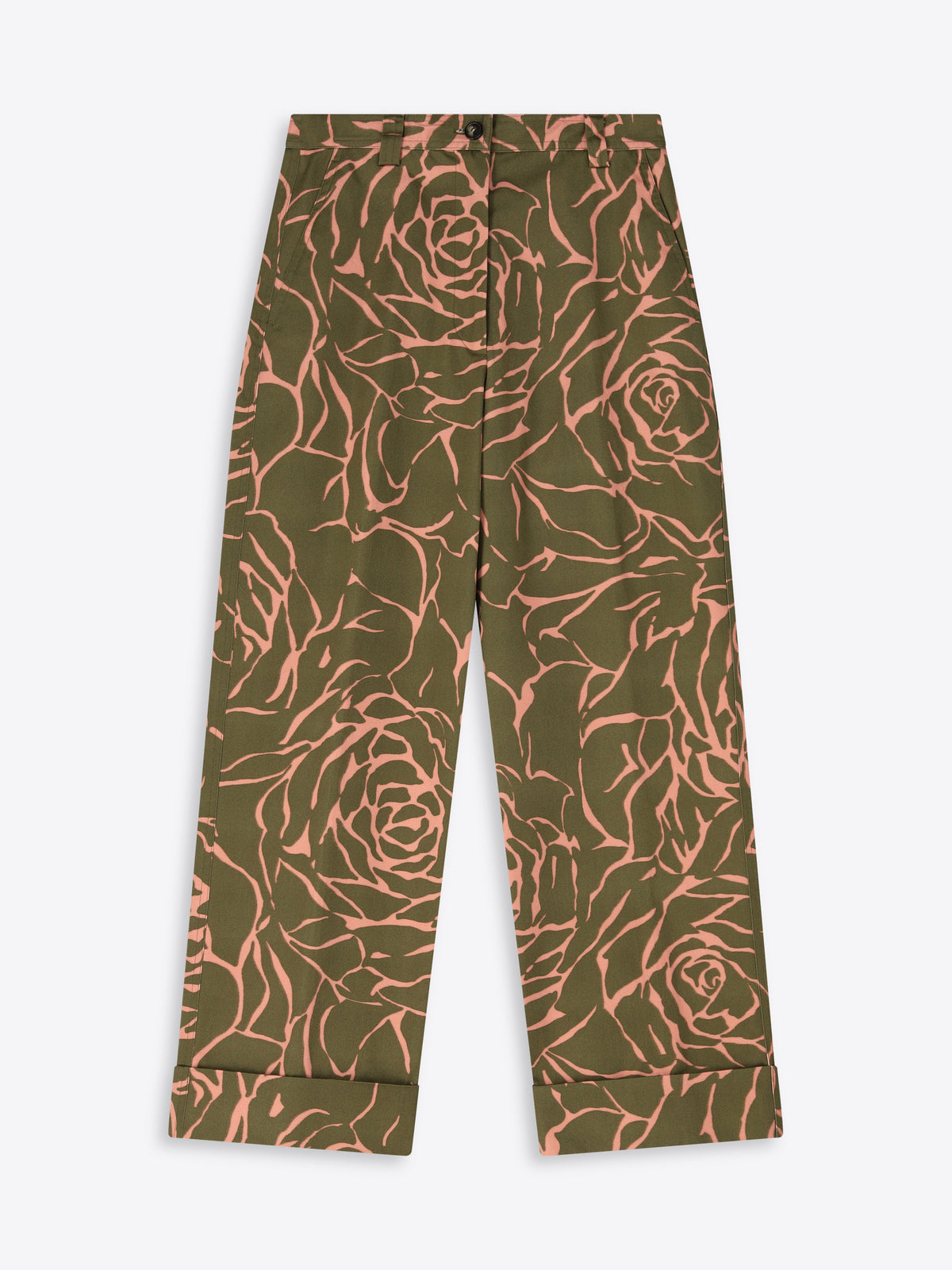 Green pants with pink floral pattern on a white background