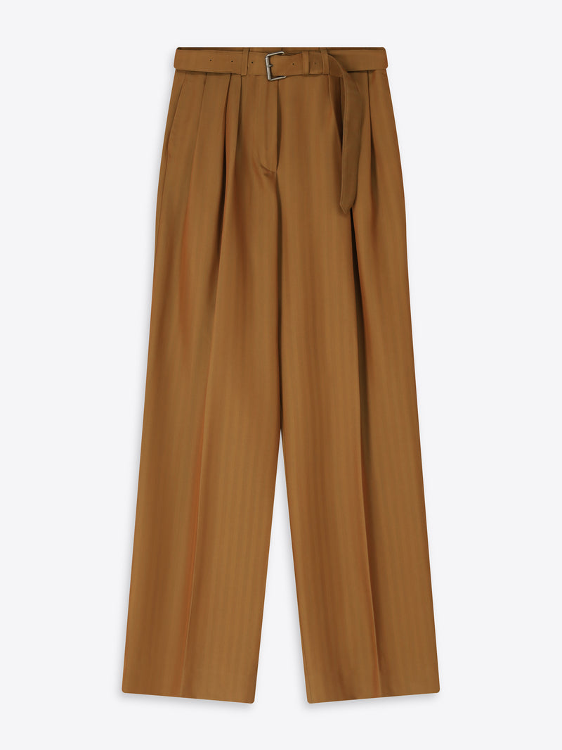 Brown wide-leg pants with a belt on a white background