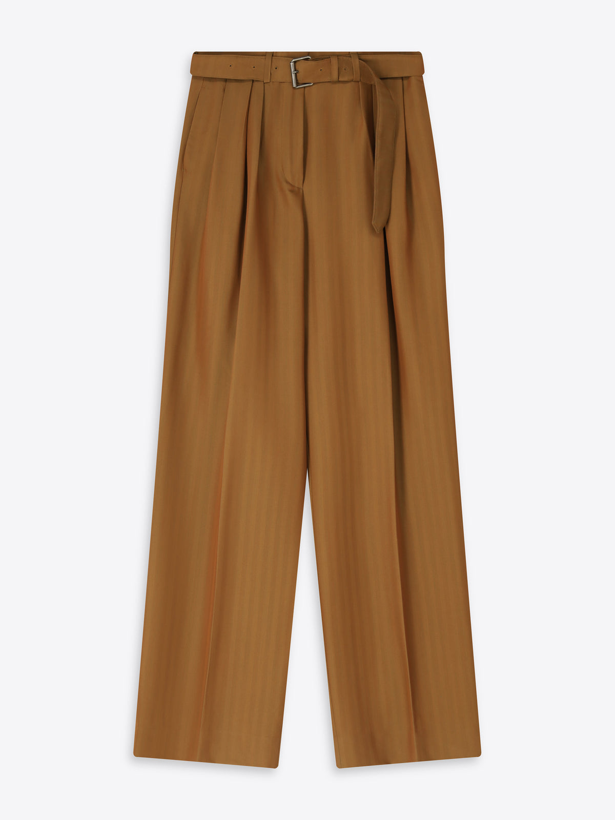 Brown wide-leg pants with a belt on a white background
