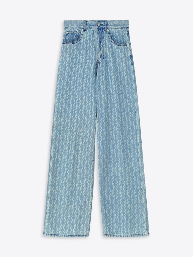 Light blue denim jeans with a subtle pattern on a white background