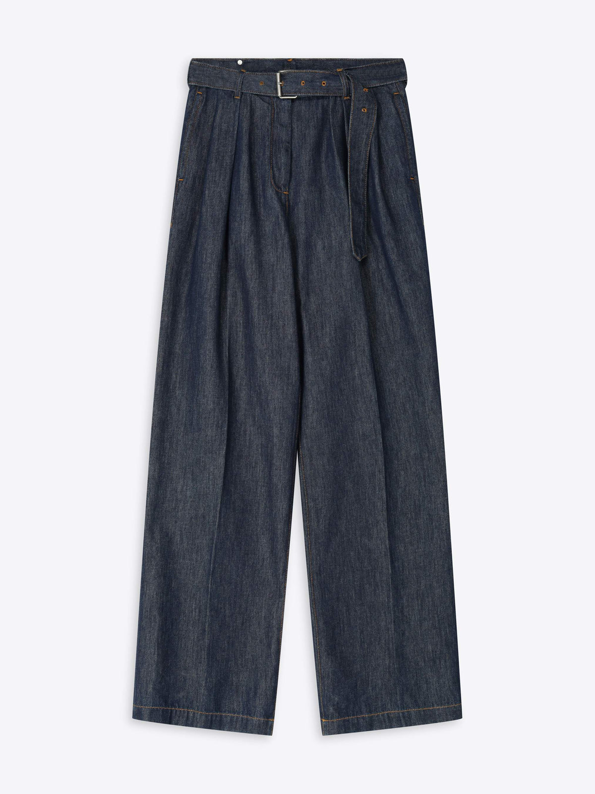 Dark blue denim pants with a belt on a white background