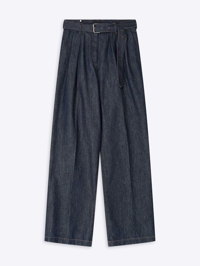 Dark blue denim pants with a belt on a white background