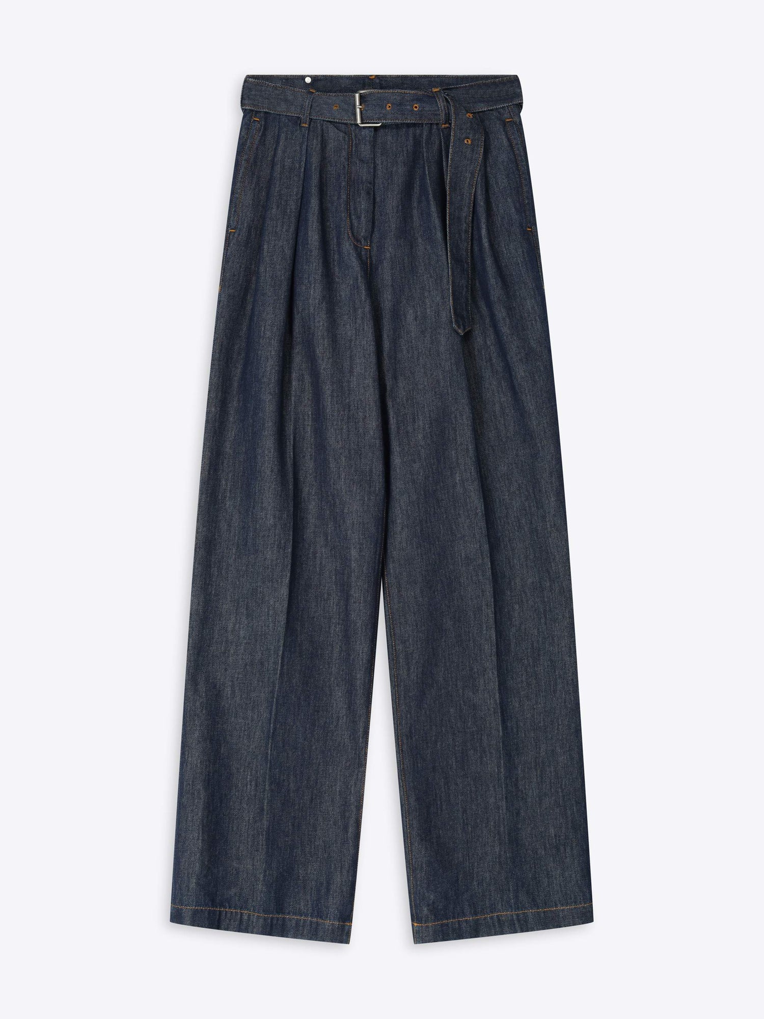 Dark blue denim pants with a belt on a white background - Dries Van Noten