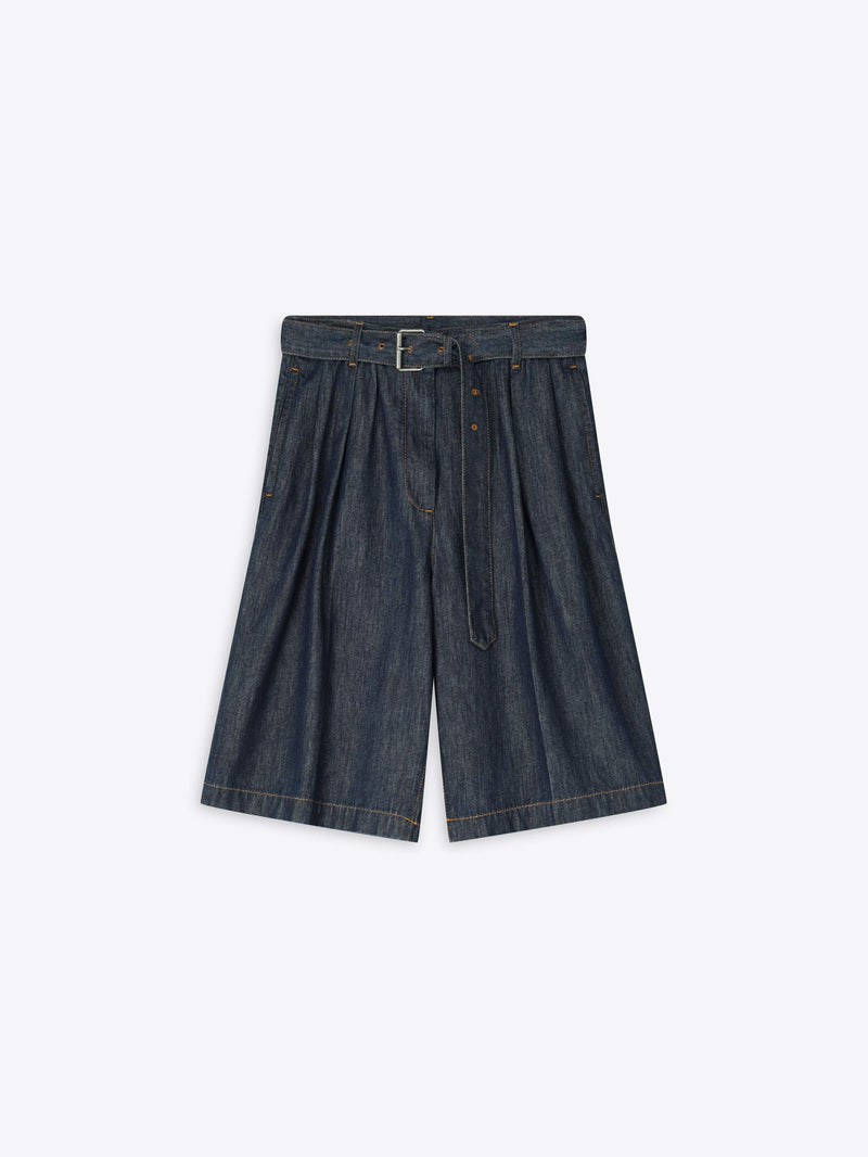 Dark blue denim wide-leg shorts with a belt on a white background - Dries Van Noten