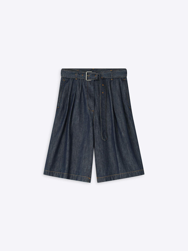 Dark blue denim wide-leg shorts with a belt on a white background - Dries Van Noten