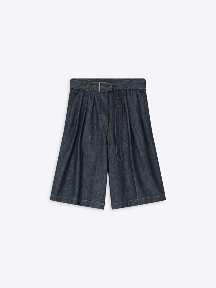 Dark blue denim wide-leg shorts with a belt on a white background - Dries Van Noten
