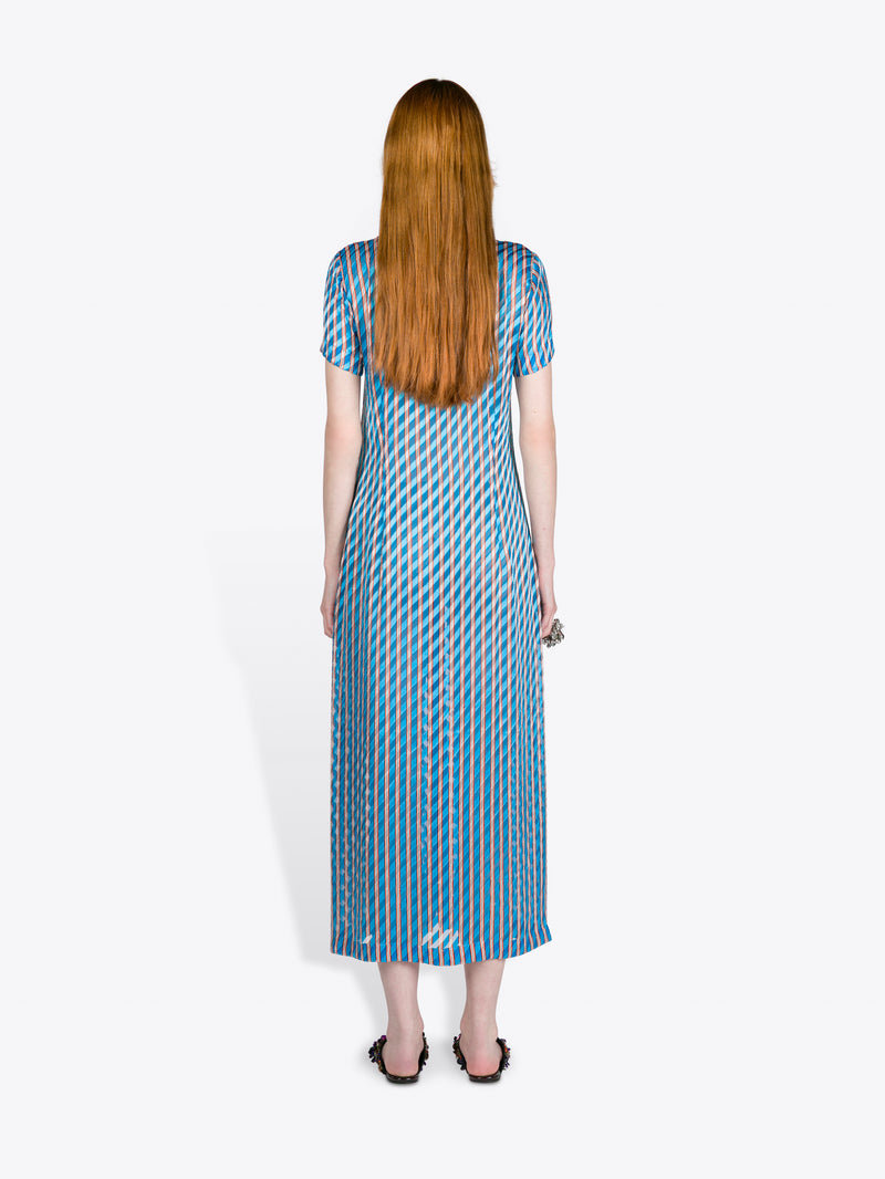 Woman wearing a blue and white patterned dress on a white background - Dries Van Noten