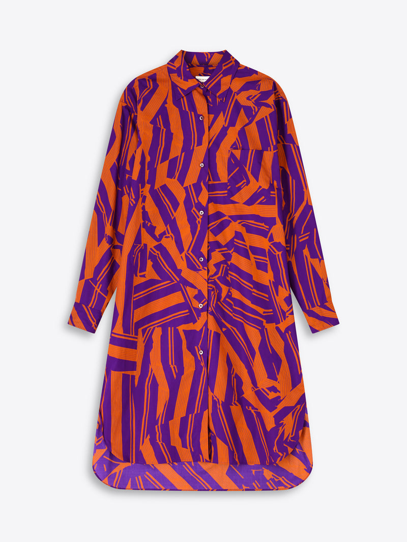 Long-sleeve dress with orange and purple abstract pattern on a white background