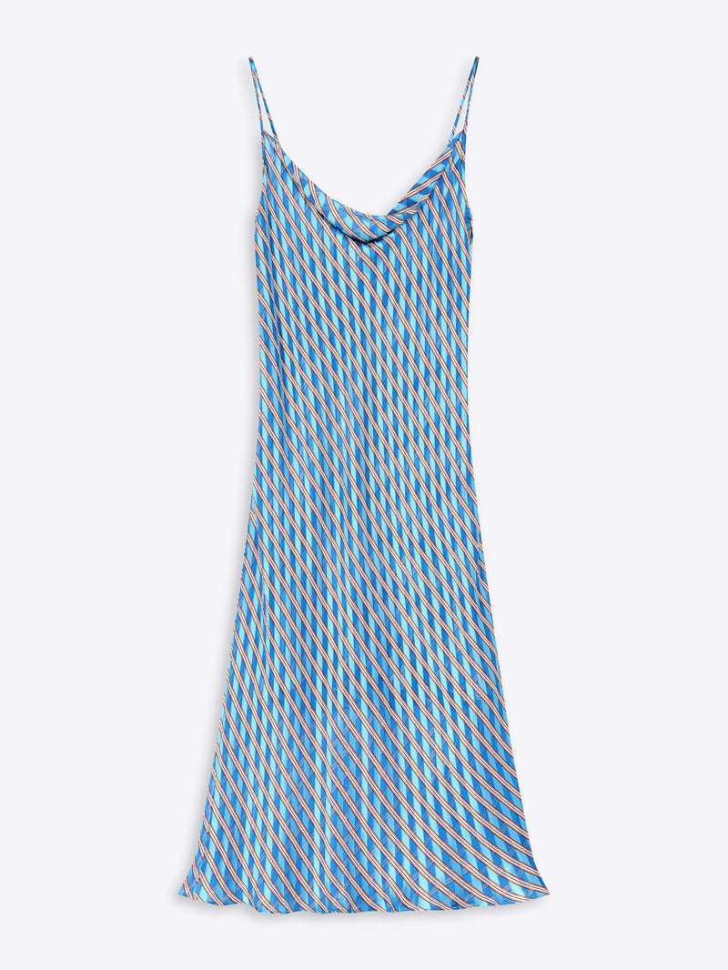 Blue and white striped dress on a white background