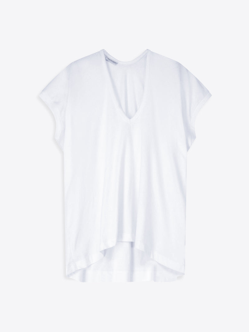 White blouse with a V-neck and draped design on a white background