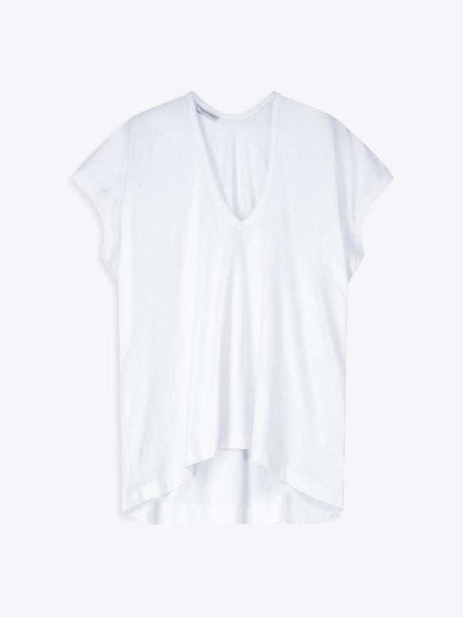 White blouse with a V-neck and draped design on a white background