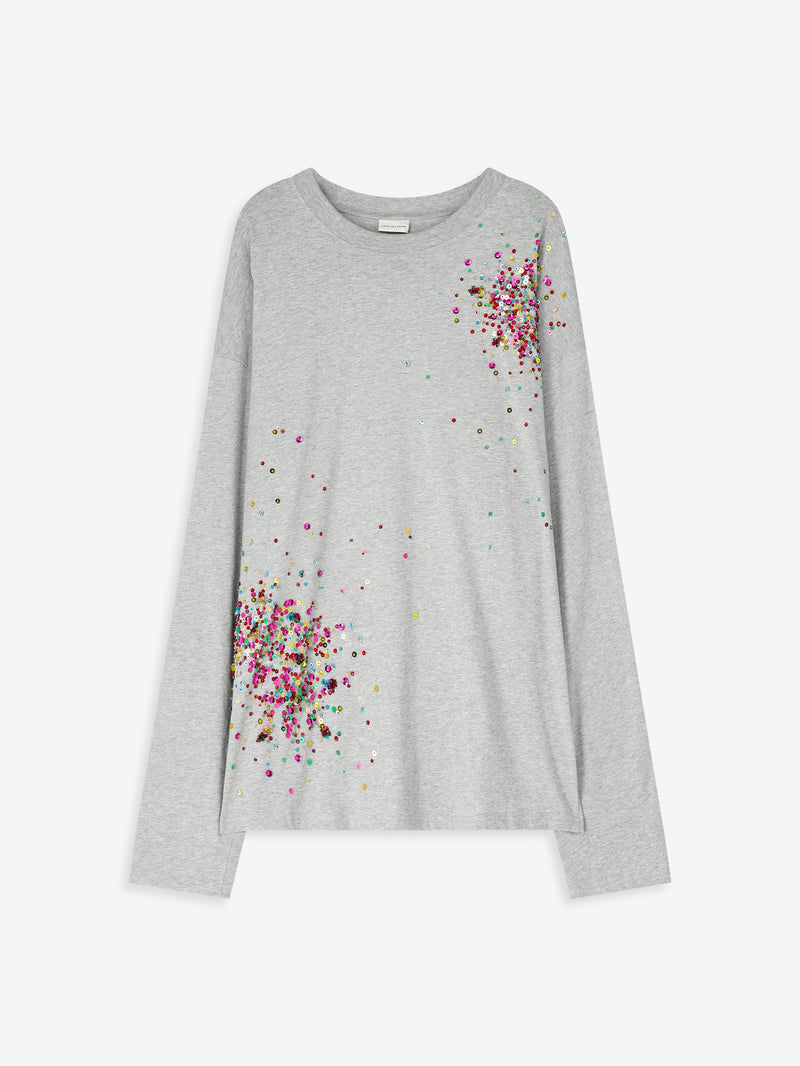 Grey long-sleeve top with floral patterns on a white background