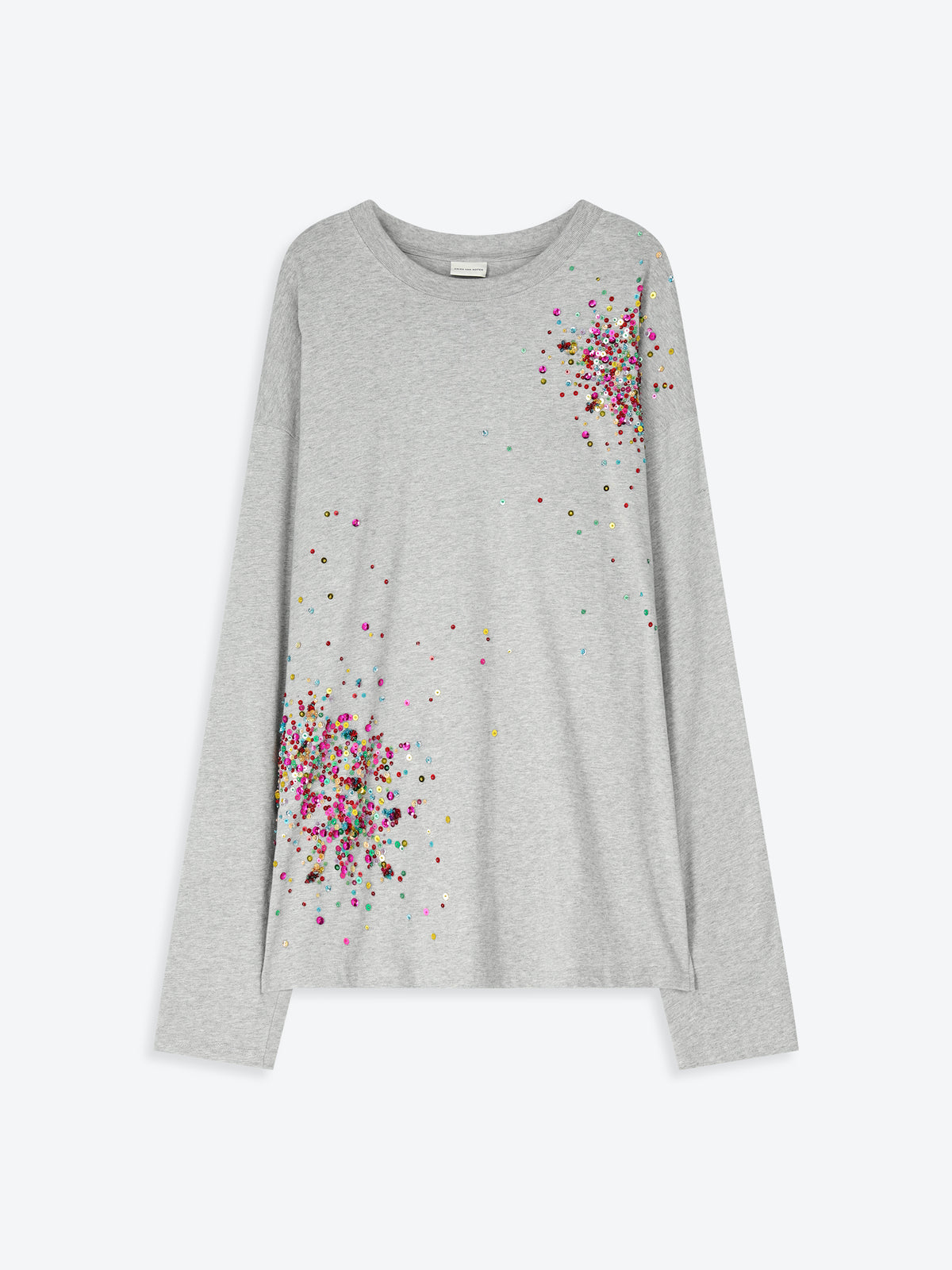 Grey long-sleeve top with floral patterns on a white background