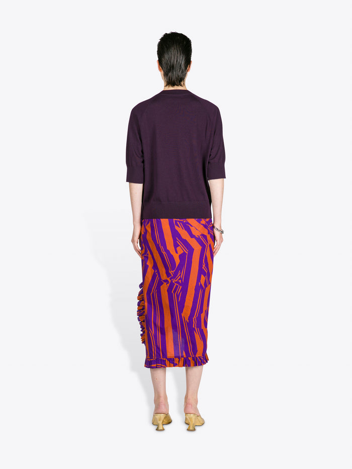Person wearing a dark purple top and a colorful striped skirt on a white background