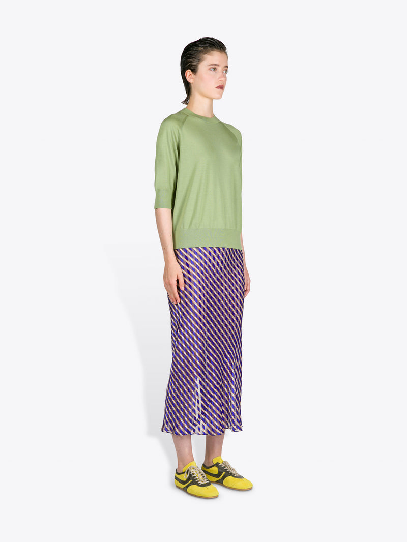 Woman wearing a green top and purple patterned skirt on a white background