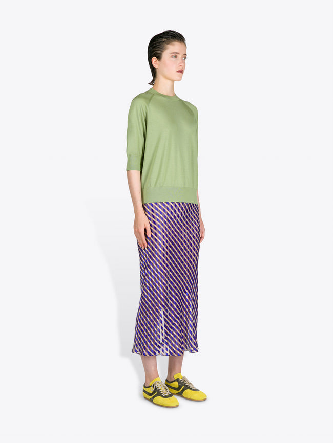 Woman wearing a green top and purple patterned skirt on a white background