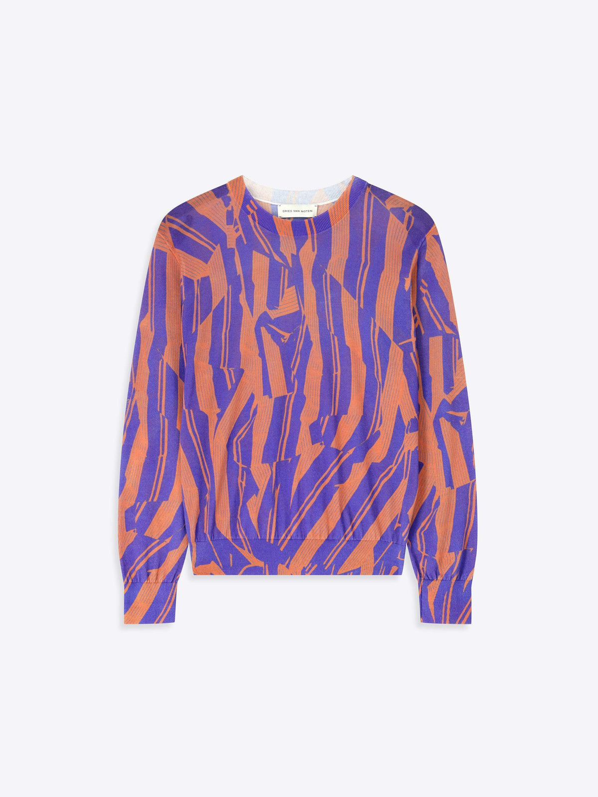 Purple and orange patterned long-sleeve top on a white background