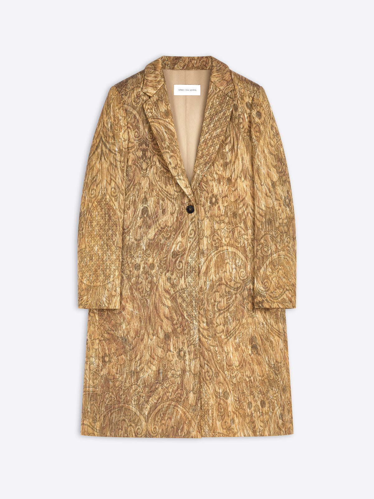 A mid-length blazer coat featuring an intricate paisley and floral pattern in shades of gold and brown, with a single dark button closure.