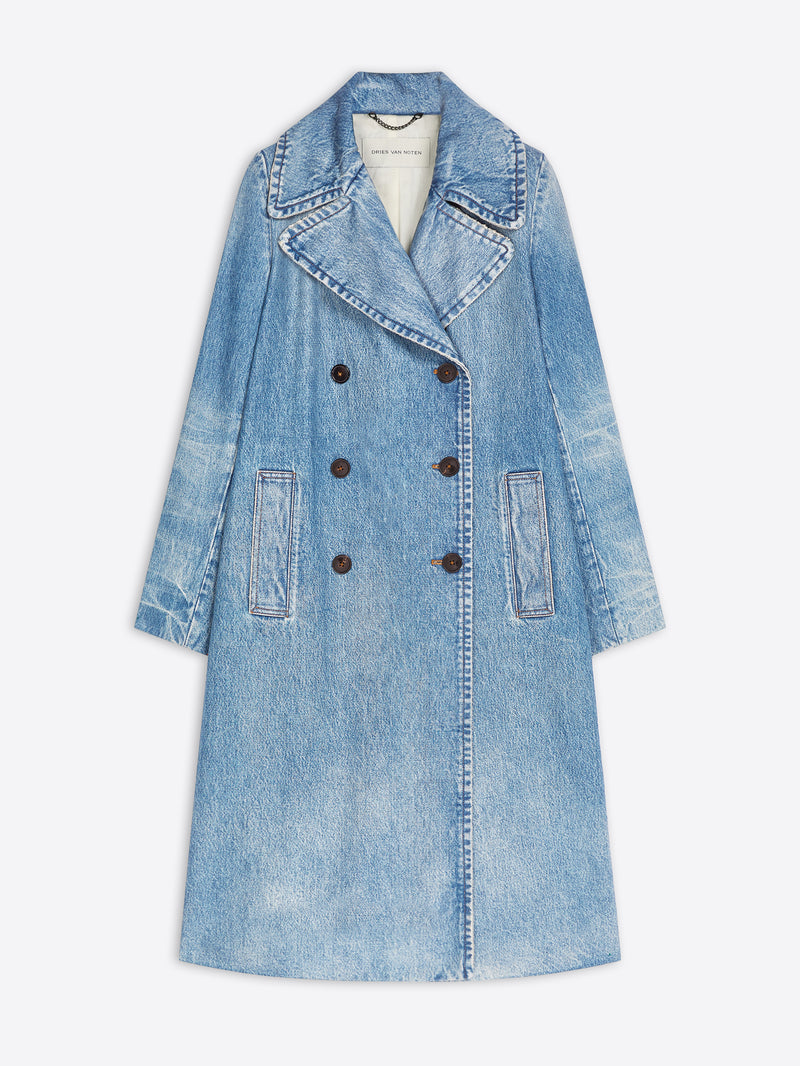 A long light blue denim double-breasted coat on the light gray background