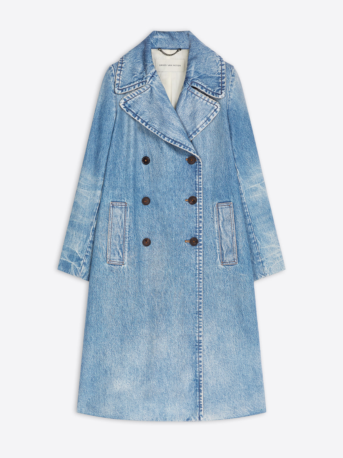 A long light blue denim double-breasted coat on the light gray background