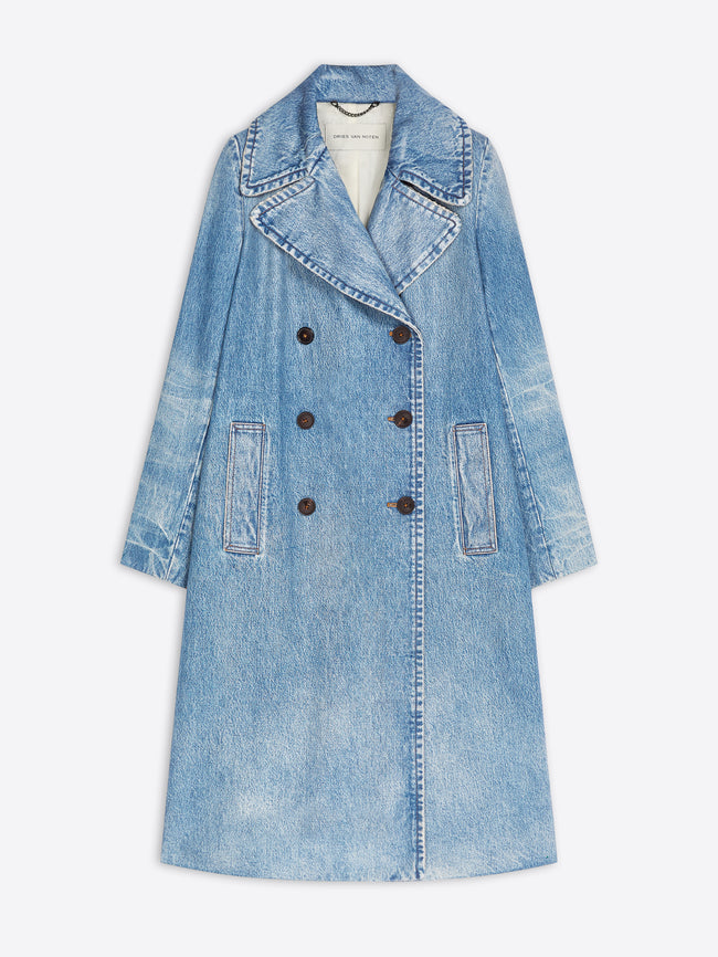 A long light blue denim double-breasted coat on the light gray background
