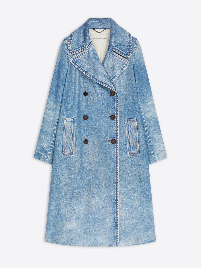 A long light blue denim double-breasted coat on the light gray background