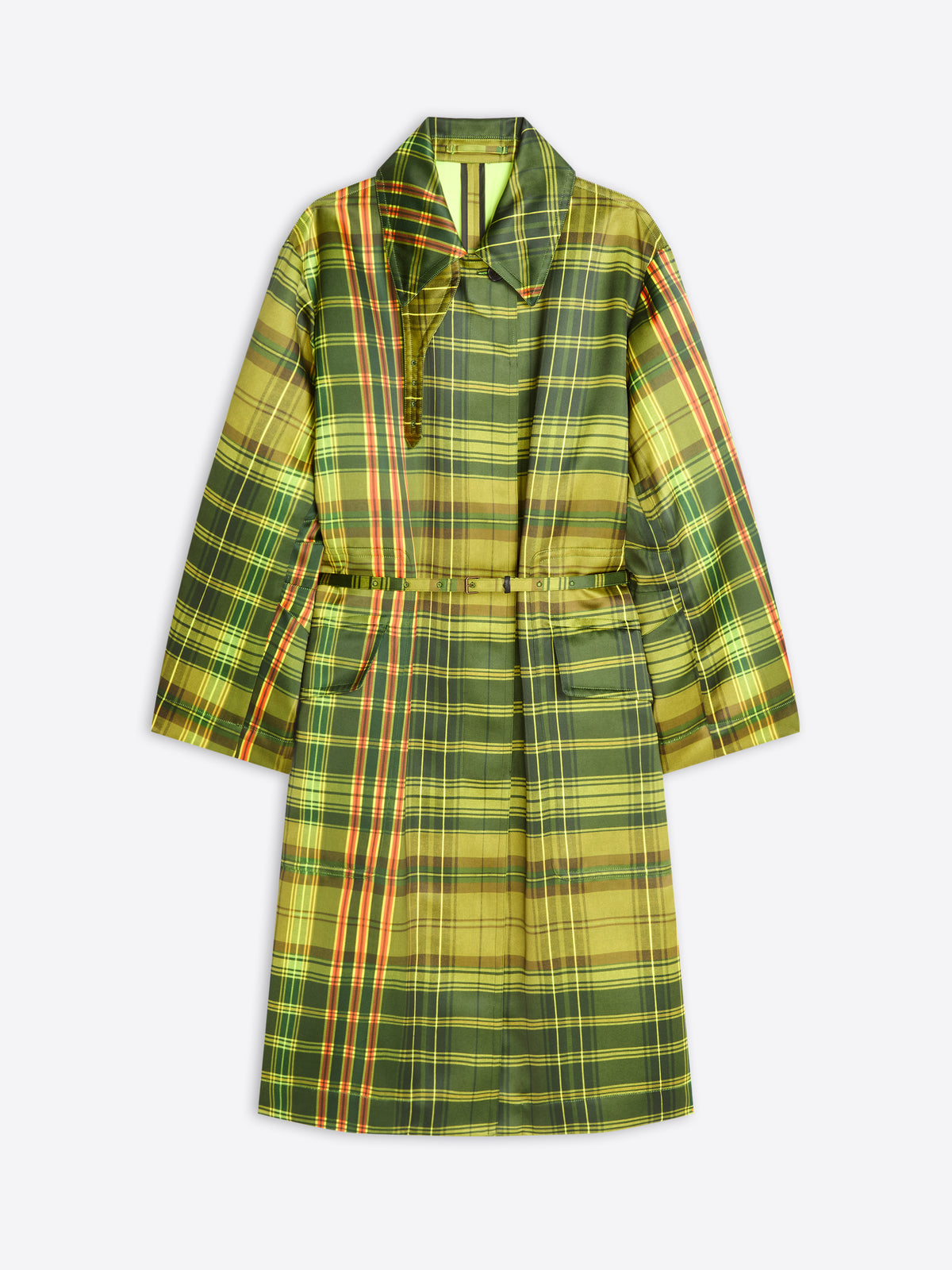 A green and yellow plaid coat with a matching waist tie belt, displayed against a light gray background.