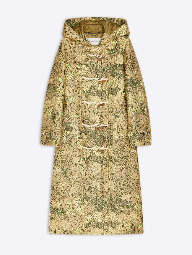 A hooded duffle coat with a textured floral brocade pattern in gold and olive green, featuring toggle closures down the front, shown against a light gray background.