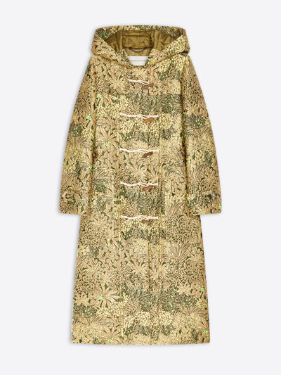 A hooded duffle coat with a textured floral brocade pattern in gold and olive green, featuring toggle closures down the front, shown against a light gray background.