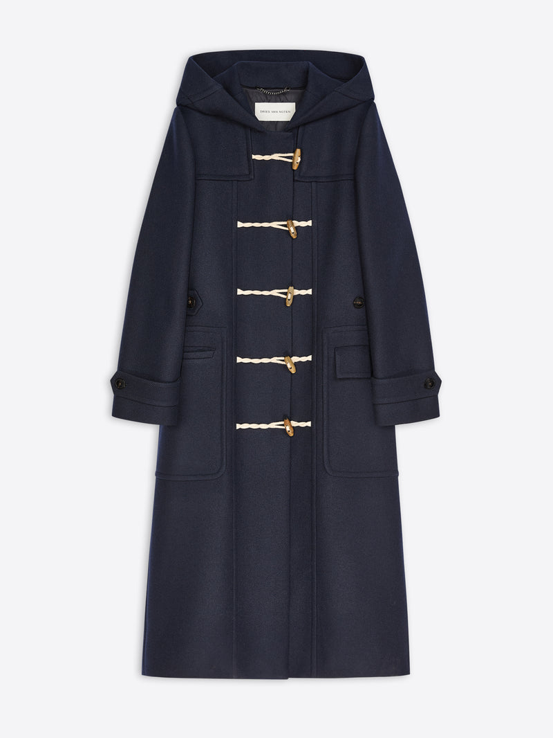 A navy blue hooded duffle coat with cream rope toggle closures, shown flat against a light gray background.