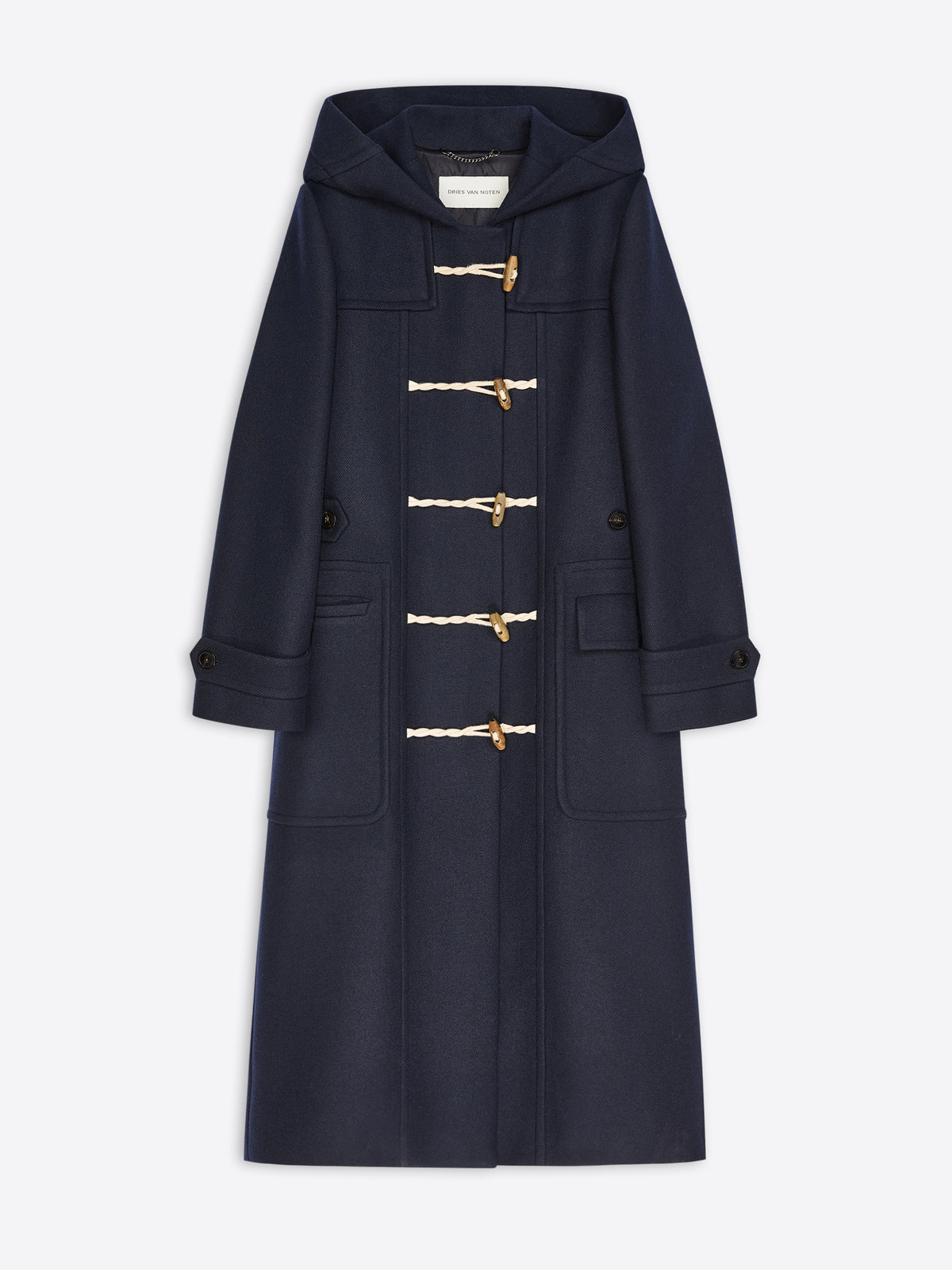 A navy blue hooded duffle coat with cream rope toggle closures, shown flat against a light gray background.