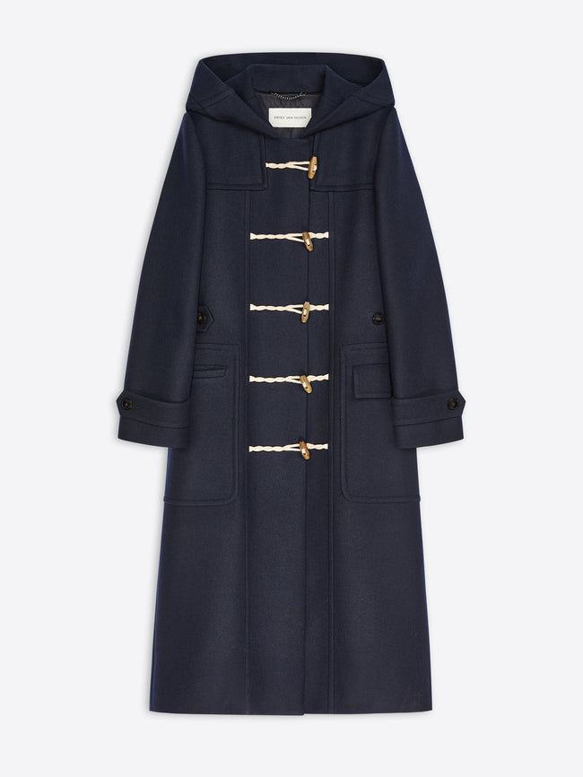 A navy blue hooded duffle coat with cream rope toggle closures, shown flat against a light gray background.