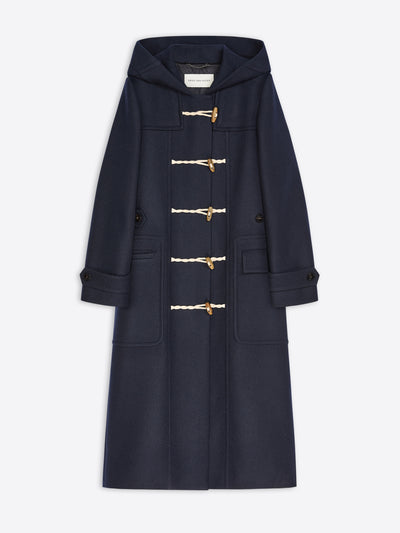 A navy blue hooded duffle coat with cream rope toggle closures, shown flat against a light gray background.
