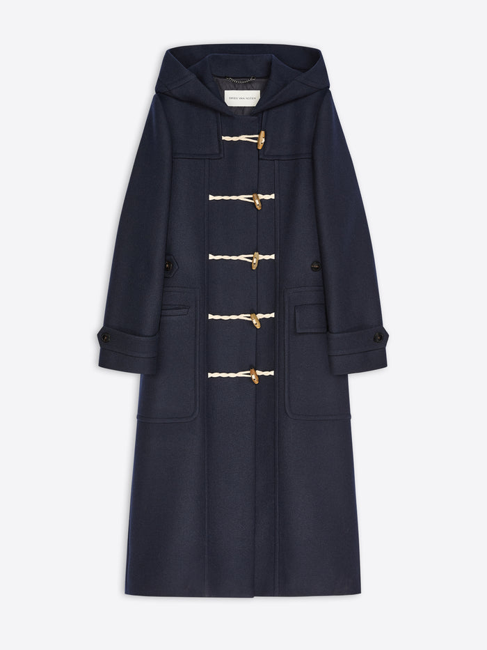 A navy blue hooded duffle coat with cream rope toggle closures, shown flat against a light gray background.