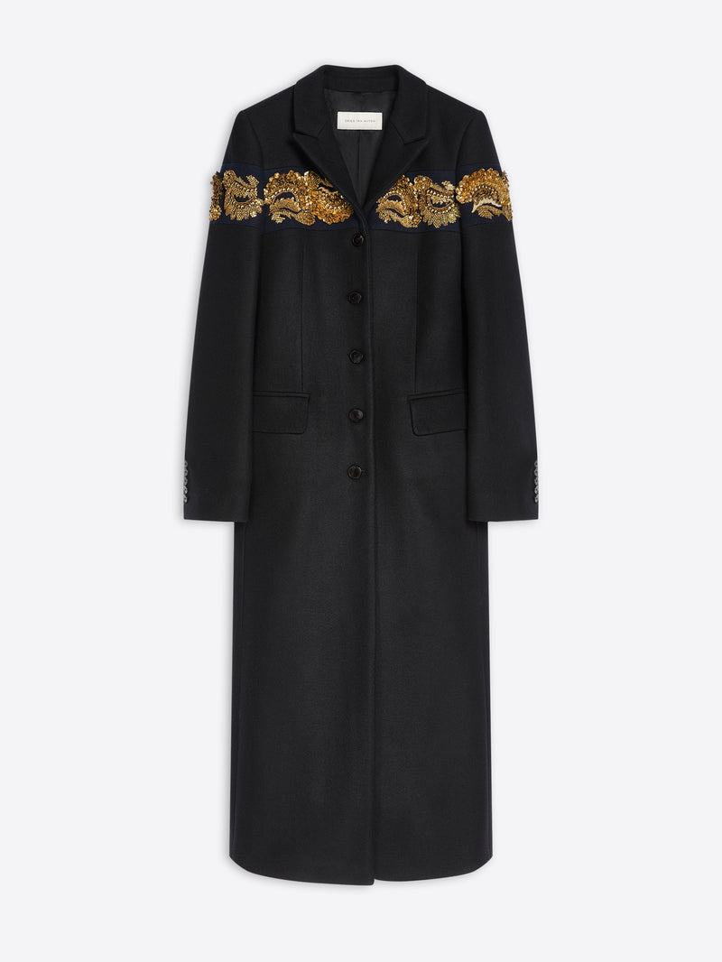 A long black coat with ornate gold embroidered detailing across the shoulders, shown against a light gray background.