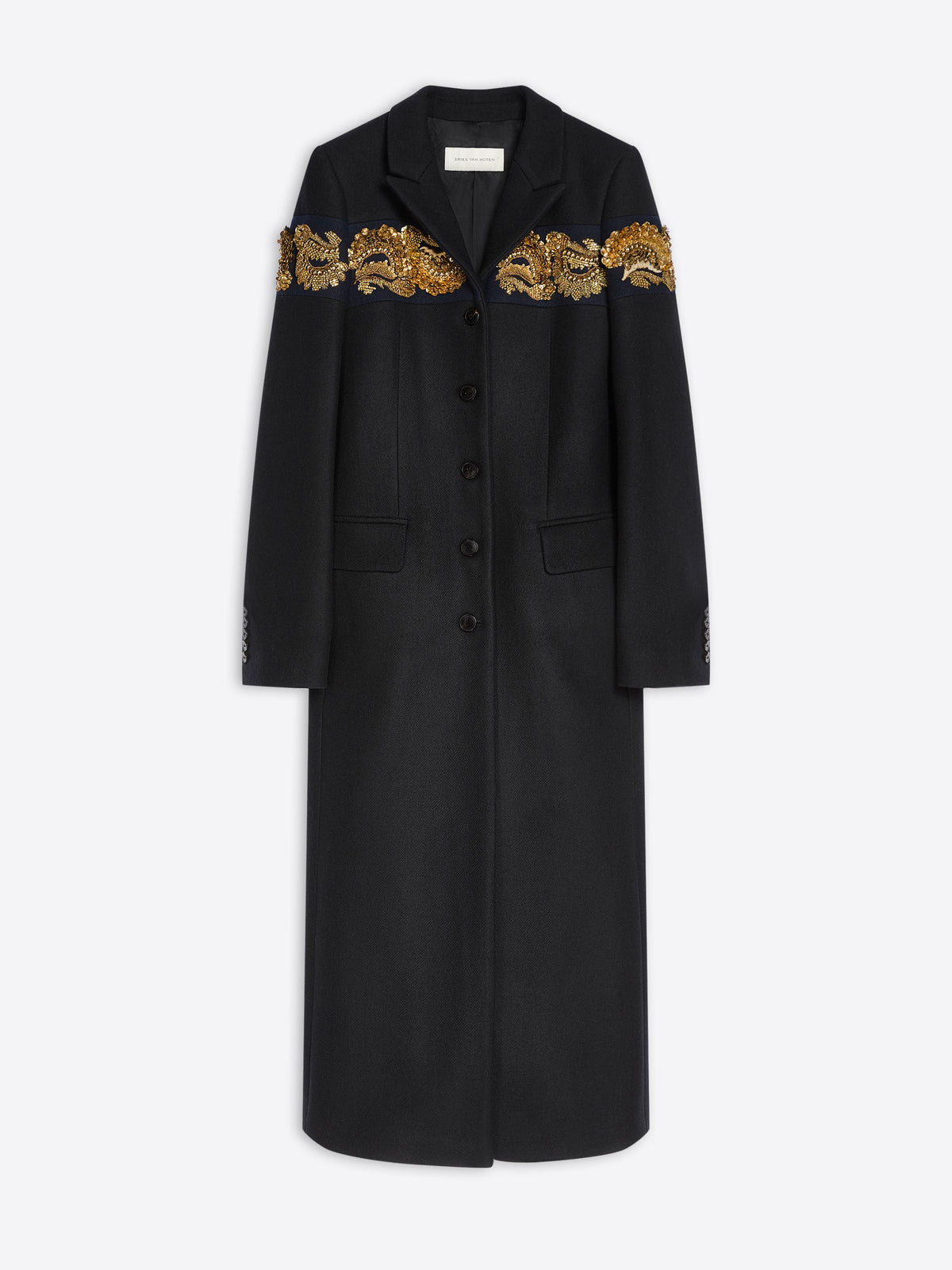 A long black coat with ornate gold embroidered detailing across the shoulders, shown against a light gray background.