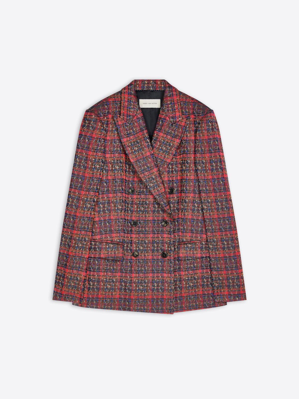 A double-breasted tweed blazer with a red, blue and black plaid pattern, shown flat against a light gray background.