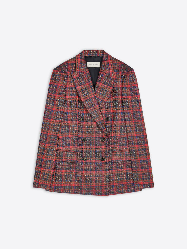 A double-breasted tweed blazer with a red, blue and black plaid pattern, shown flat against a light gray background.